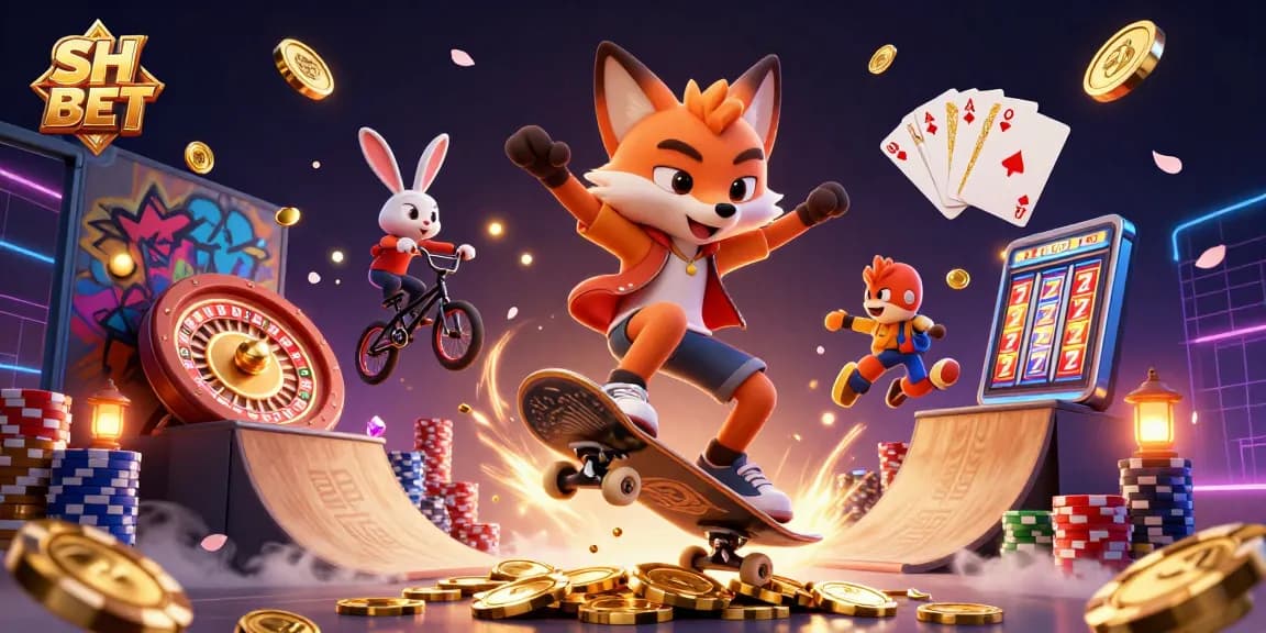 Experience thrilling gameplay with SH BET as the lively fox performs tricks over golden poker chips.