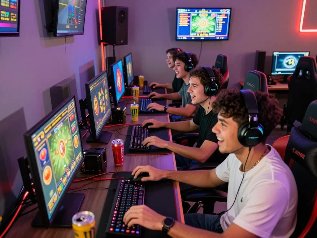 Situs slot gacor gaming night with friends engaged in competitive online play, vibrant graphics on screens.