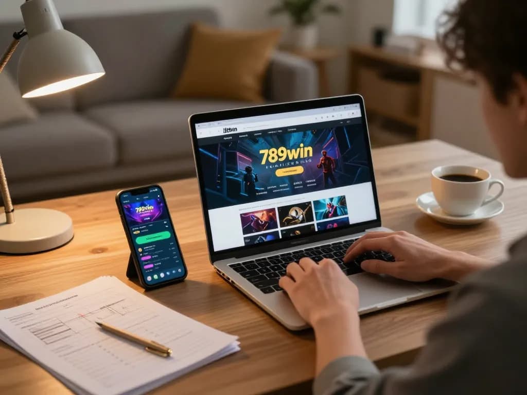 Engaging with online gaming on 789win at a cozy home setup with strategy notes visible.