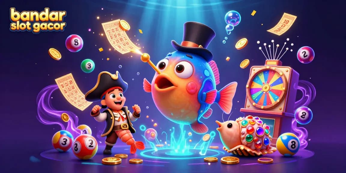 Spin and win with bandar slot gacor in this vibrant 3D illustration featuring colorful gaming elements and energetic sea characters.