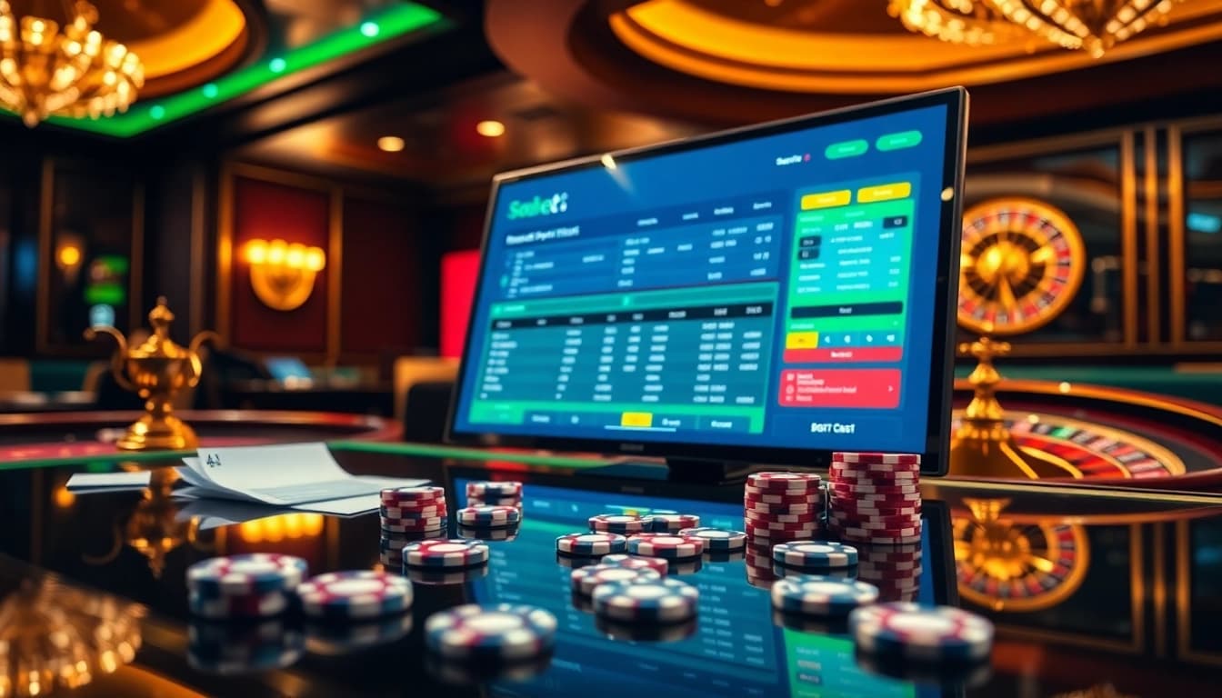 Sbobet login indonesia access on a dynamic sportsbook screen with betting slips and poker chips.