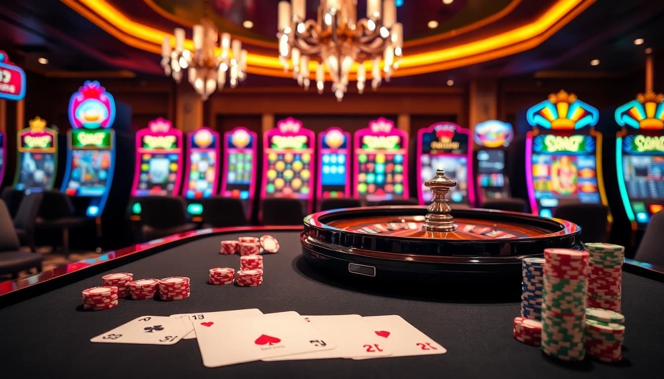 Engage with exciting casino activities at https://mm88.directory/, featuring a vibrant gaming table with roulette wheels and poker chips.