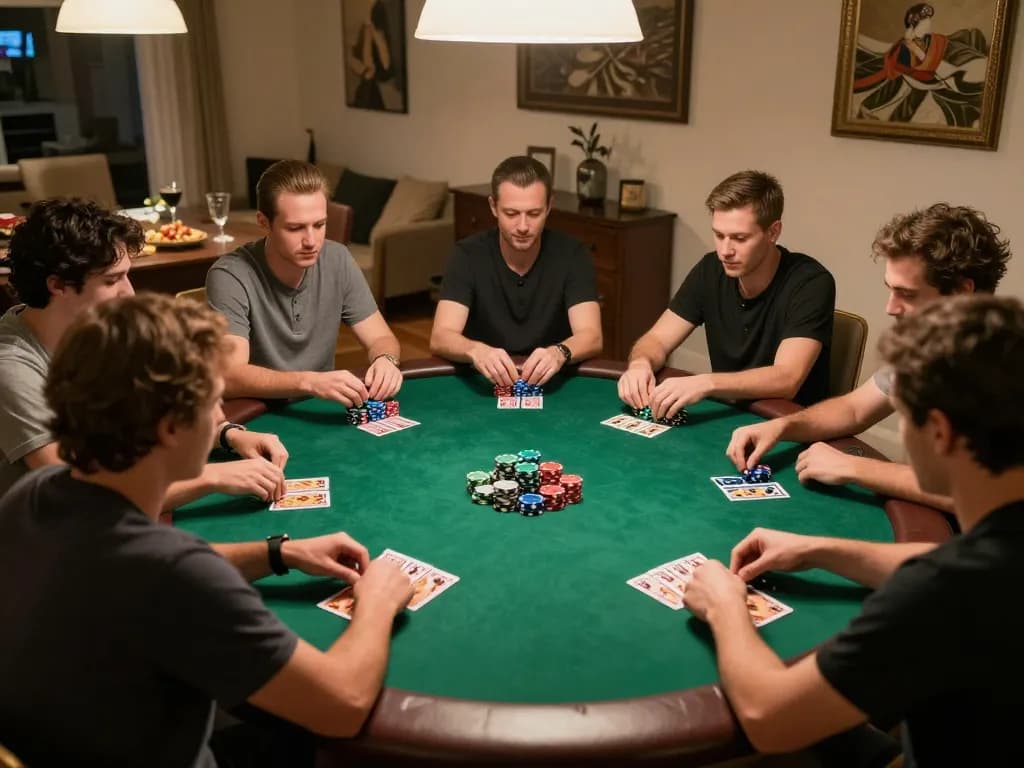 spinadvisor engaging poker night atmosphere with friends, colorful chips stacked, cards held, strategic gameplay