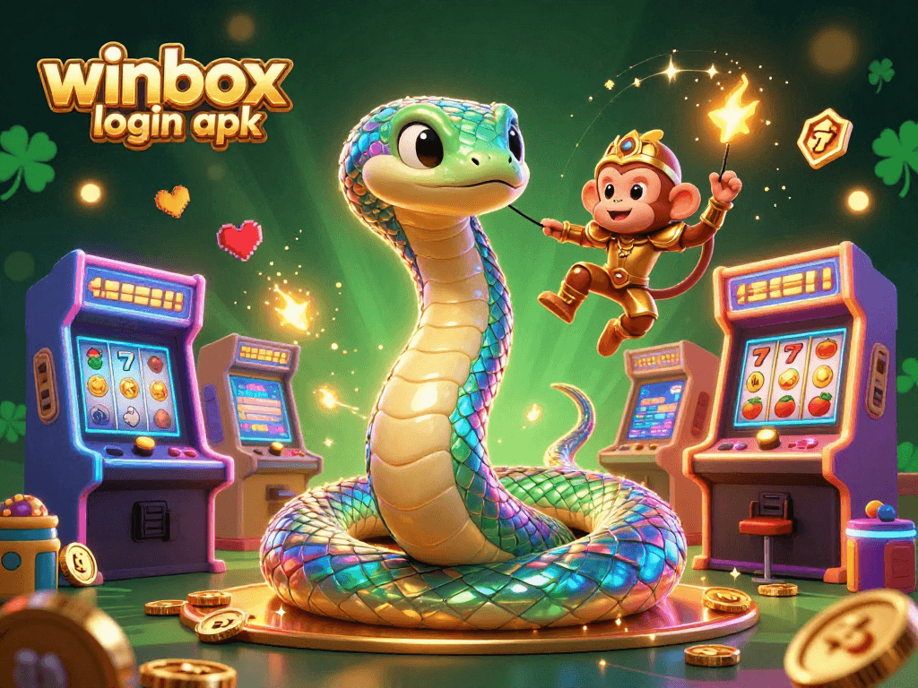 Winbox login apk access to vibrant online gaming experience with a playful monkey king and serpent.