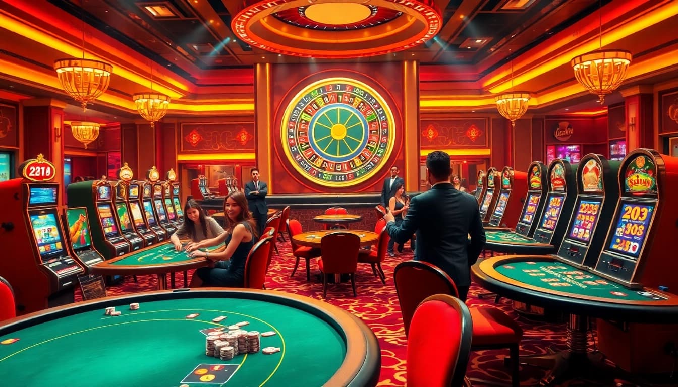 Experience the thrill of Luckywin at a luxurious casino with vibrant tables and excited players.