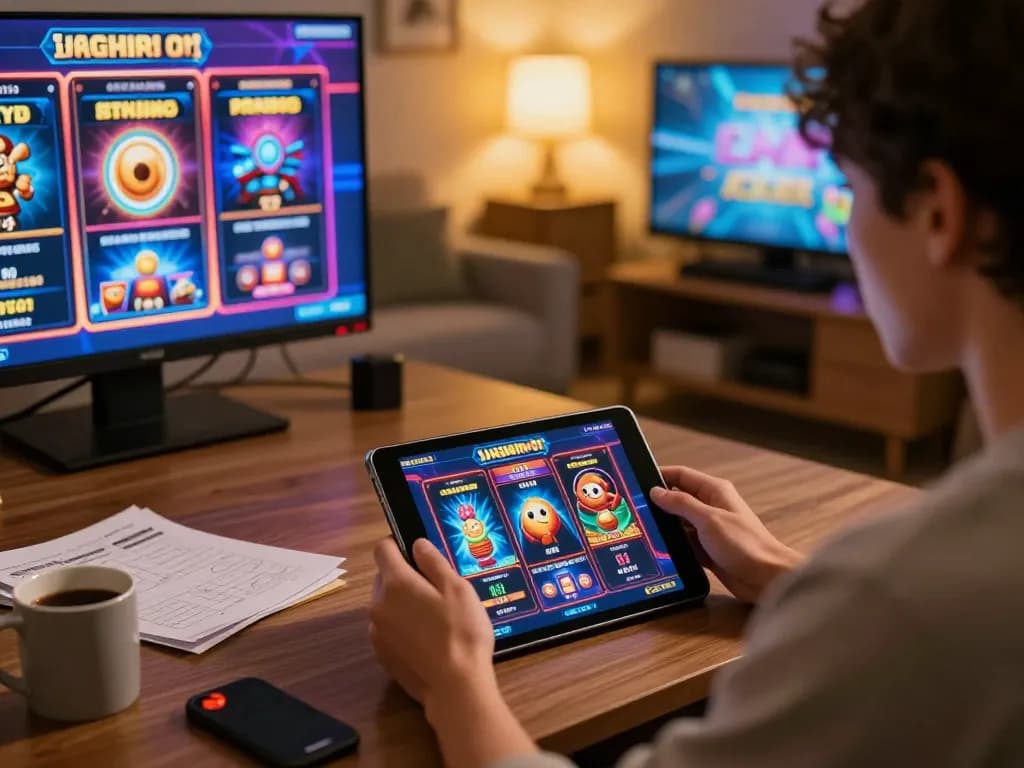 Engaging in slot gacor hari ini on a tablet, showcasing online gaming excitement in a cozy room.