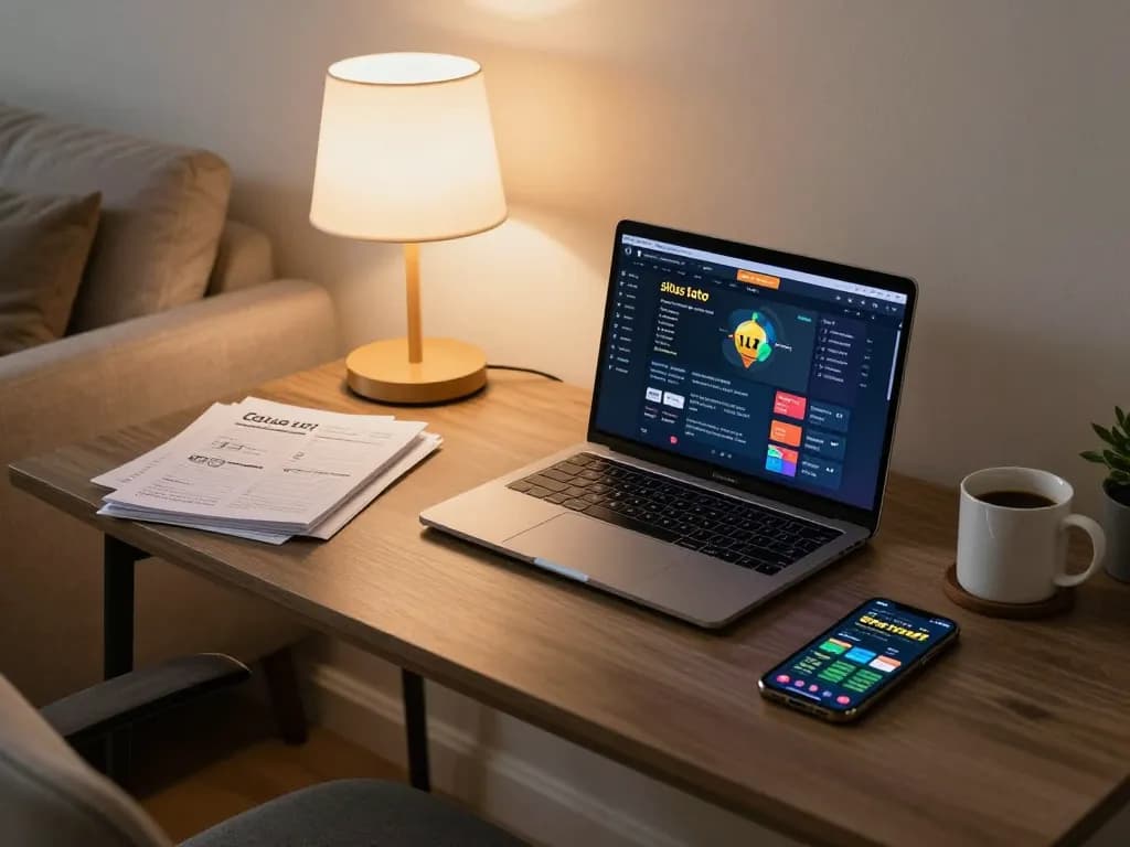 Scene permainan situs toto yang menarik dengan seorang pemain menganalisis strategi di rumah, menampilkan laptop dan catatan