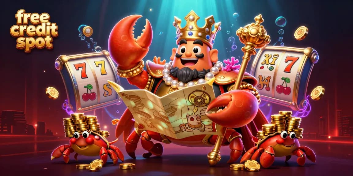 Experience thrilling gameplay with free credit slot offers featuring a golden crab emperor in an energetic casino environment.