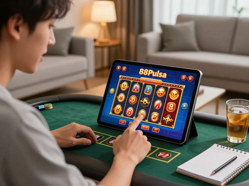 Pemain yang terlibat menikmati pengalaman bermain 88Pulsa yang mendebarkan di tablet dalam suasana rumah yang nyaman.