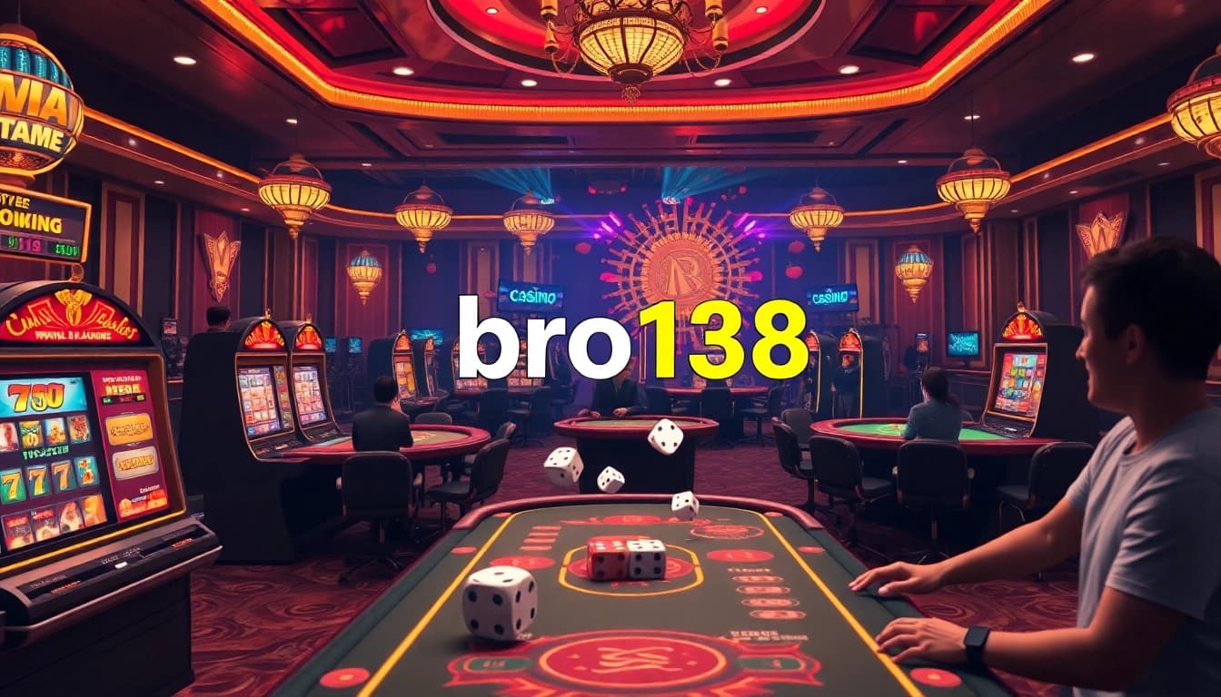 Vibrant online casino scene featuring bro138 slot machines and poker tables, capturing excitement.