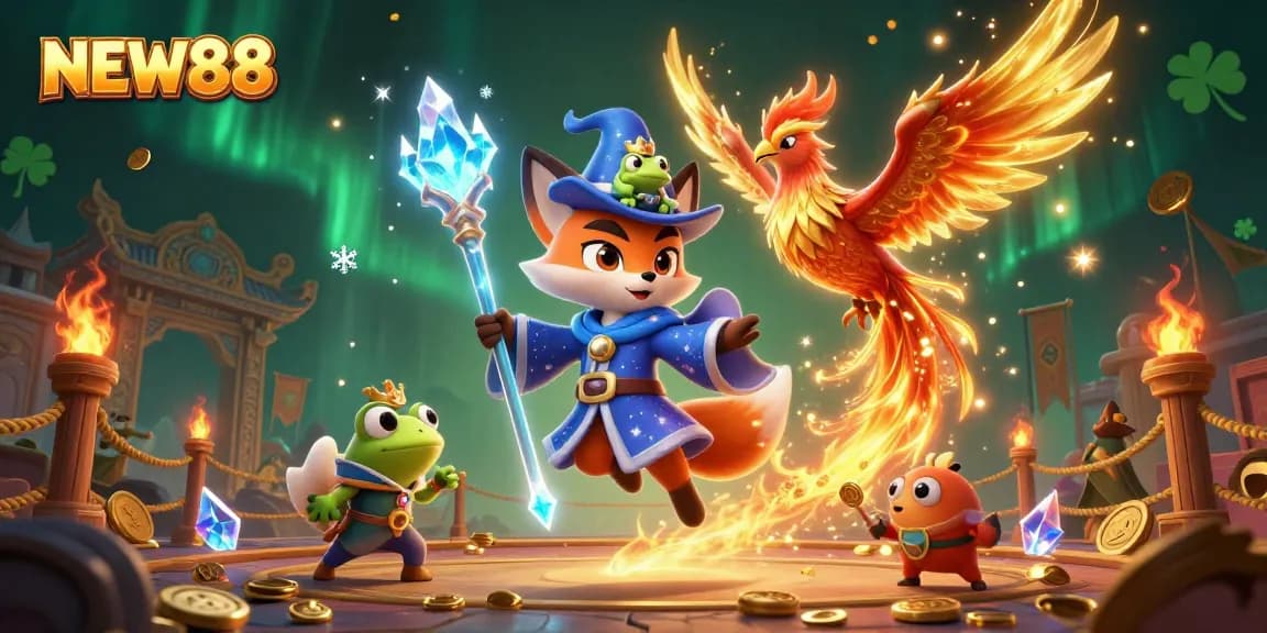 Experience thrilling gaming at NEW88 with vibrant 3D wizard fox and phoenix, surrounded by gold coins and casino elements.