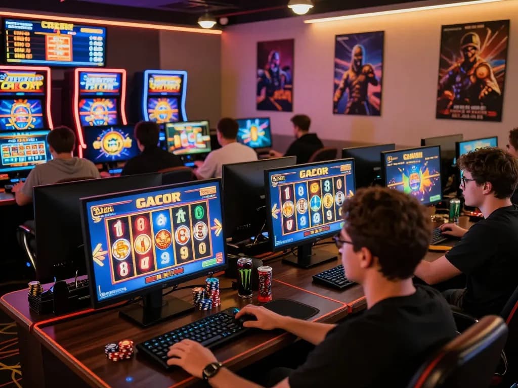 Players enjoying slot gacor games in a lively online casino environment, showcasing vibrant graphics and excitement.