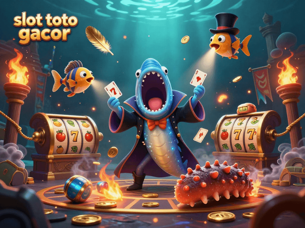 Engage with slot toto gacor in this vibrant scene of sea creatures and slot reels in action.