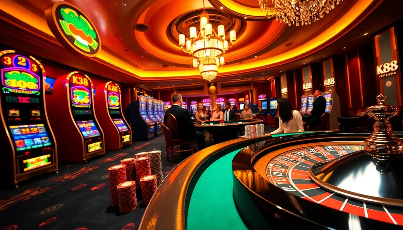 Engaging scene at K88 trang chủ with players enjoying thrilling casino games and vibrant slot machines.