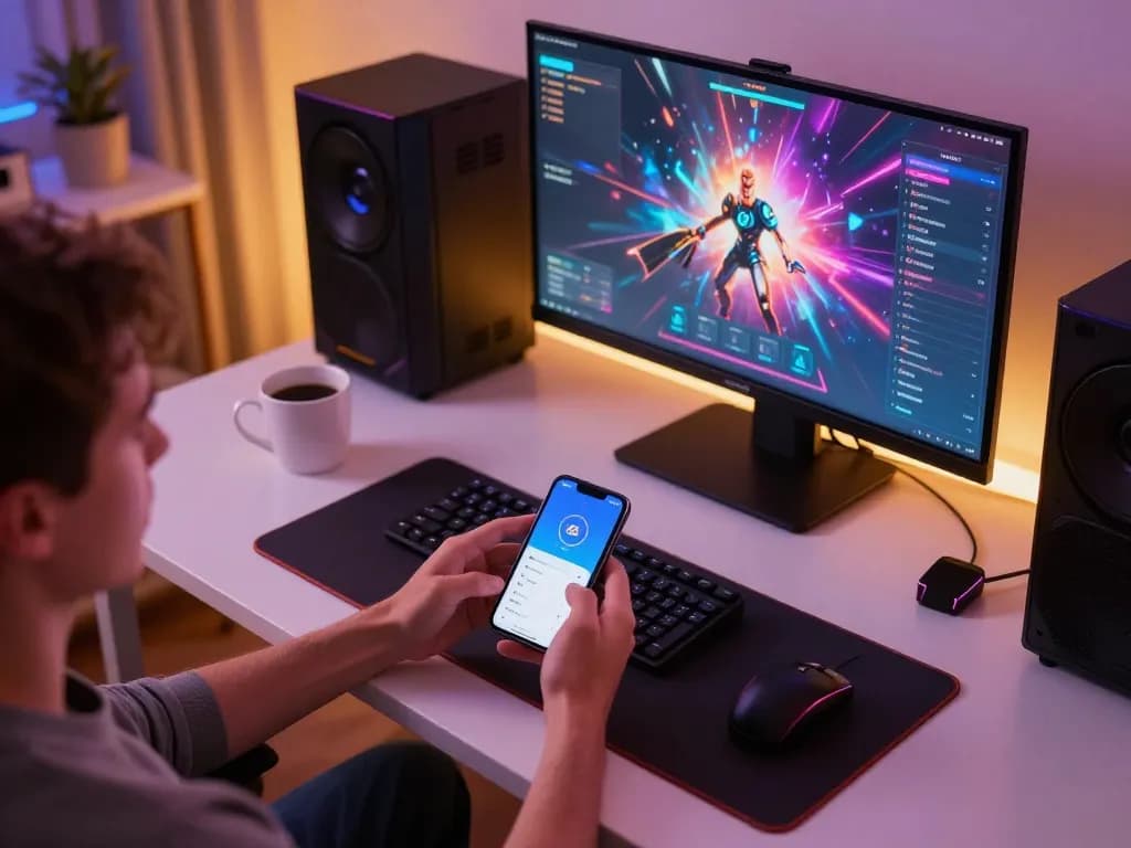 Player enjoying the af88 app on their smartphone, immersed in an engaging online gaming experience in a cozy home office.