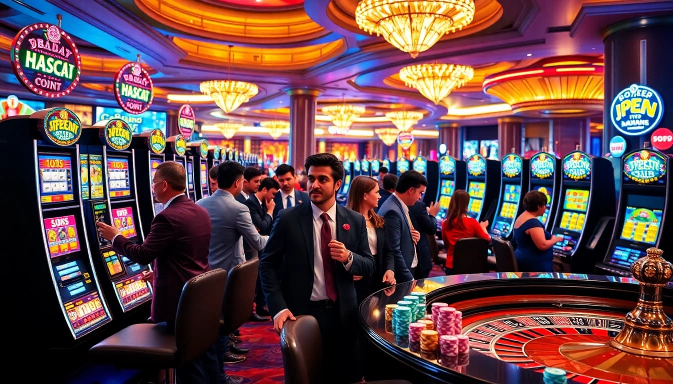 Excited gamblers engaging with slot gacor machines in a vibrant casino setting.