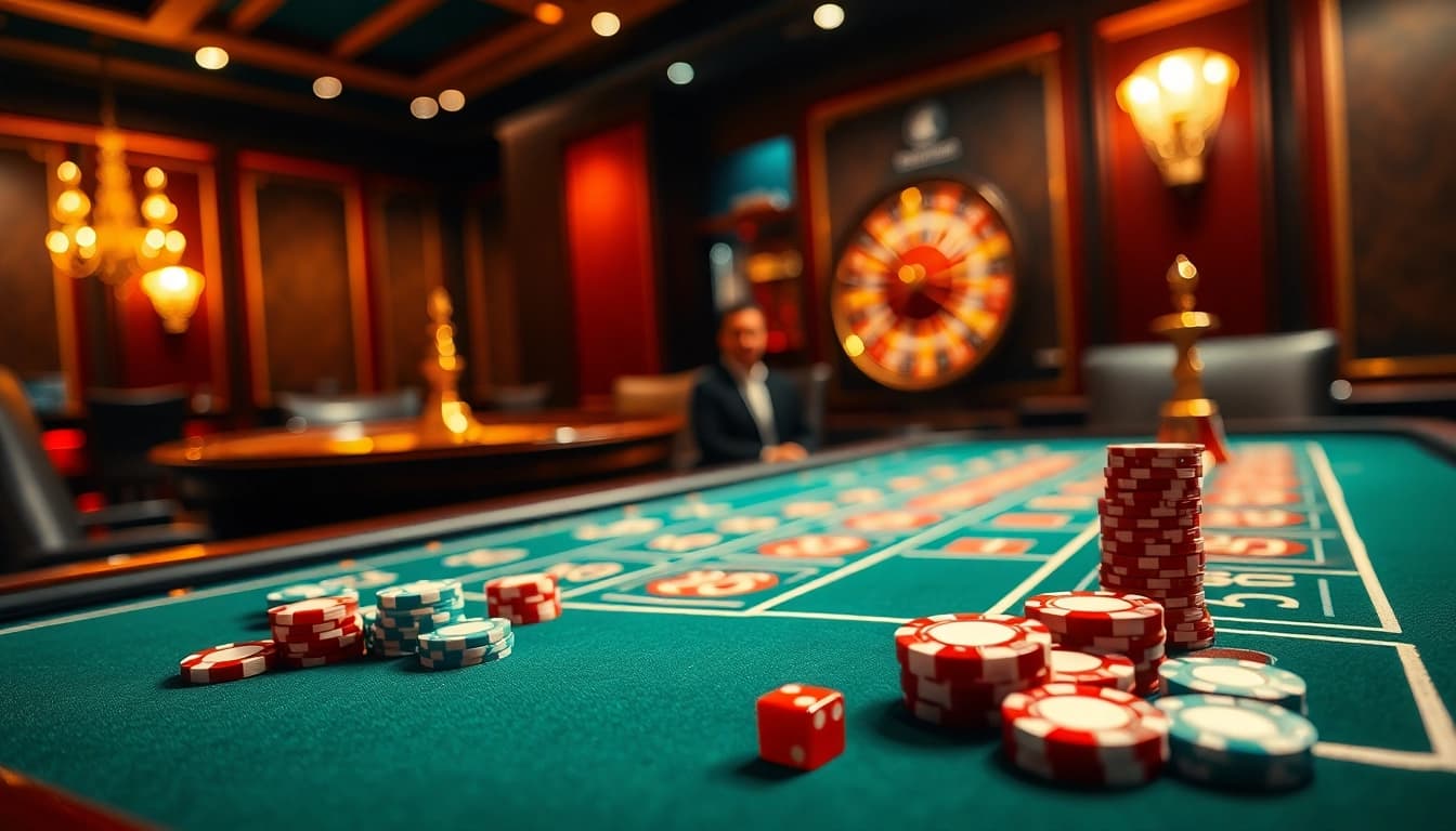 Tài xỉu online table with colorful chips and dice in an upscale casino setting.