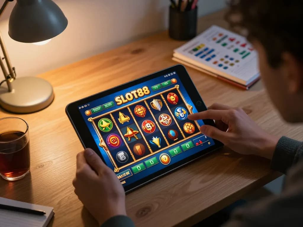 Player enjoying Slot88 on tablet, showcasing colorful digital slot game interface and cozy gaming setup.