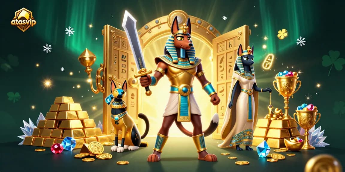 Experience premium slots and live dealer action at atasvip with a vibrant, detailed casino scene showcasing Anubis and Bastet.