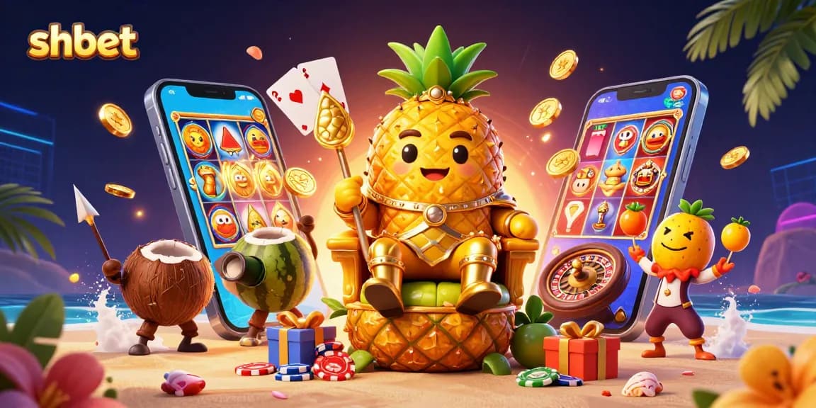 Engage with shbet at the vibrant beach casino, featuring a golden pineapple king and thrilling games.