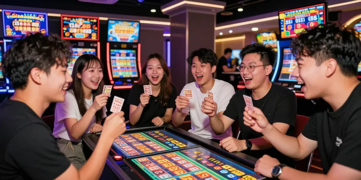 Friends celebrating at a gambling venue viewing exciting 4D lottery results.