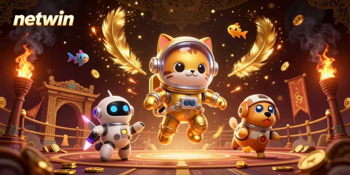 Experience the thrilling netwin gaming world with vibrant characters and dynamic casino elements in this 3D illustration.