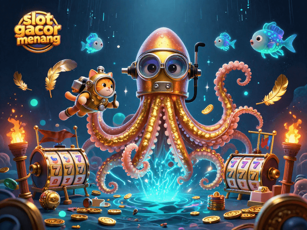 Experience slot gacor gampang menang with the colossal kraken and vintage diving cat in a treasure-filled scene.