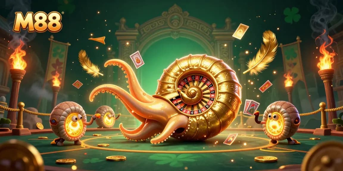 Win big at M88 with vibrant 3D illustration showcasing a giant nautilus as a roulette wheel.