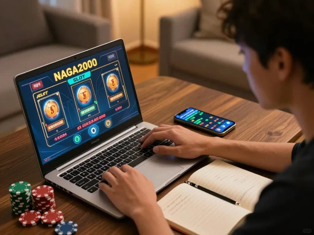 NAGA2000 SLOT experience with a gamer focused on an online casino setup, emphasizing strategy and excitement.