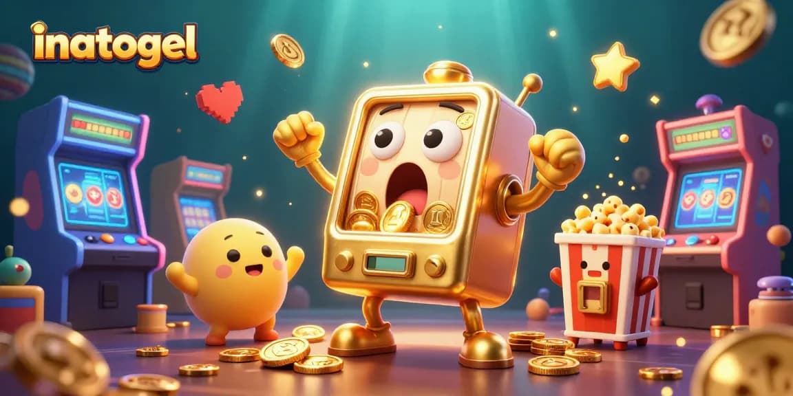 Menghadirkan inatogel, mesin slot emas ceria yang menghasilkan jackpot, dikelilingi elemen kasino yang mengesankan.