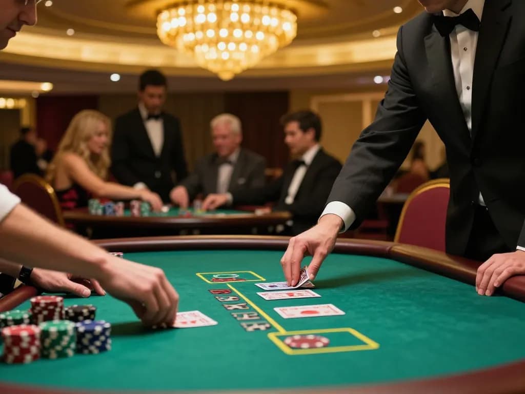 Player engaged in strategic blackjack gameplay at an exclusive casino table featuring vibrant Q88 chips