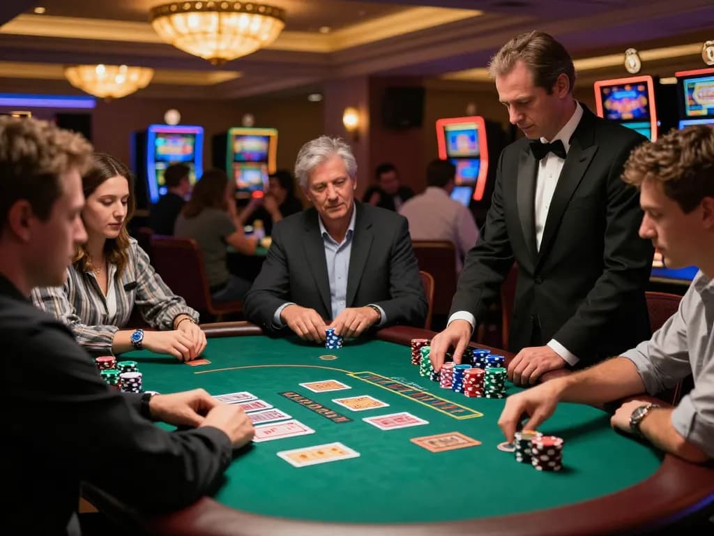 Players strategizing and cheering at a blackjack table, gameradar showcasing intense casino action and excitement