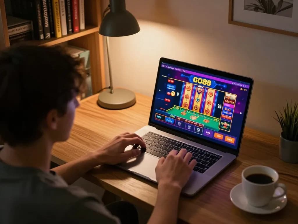 Engaging moment of a player experiencing GO88 mobile gaming with colorful casino app interface in cozy home setup.