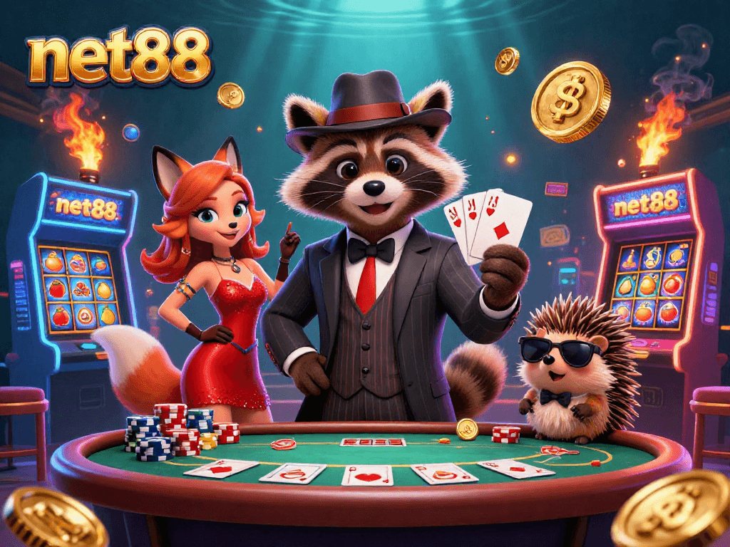 Experience the excitement of net88 with raccoon, fox, and hedgehog in a vibrant casino scene.
