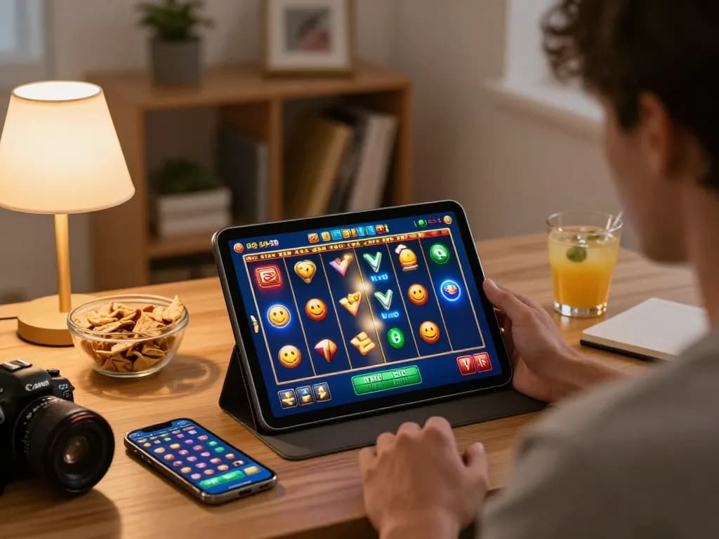 Engaging slot online gameplay on a tablet, showcasing exciting reels and a cozy home atmosphere.