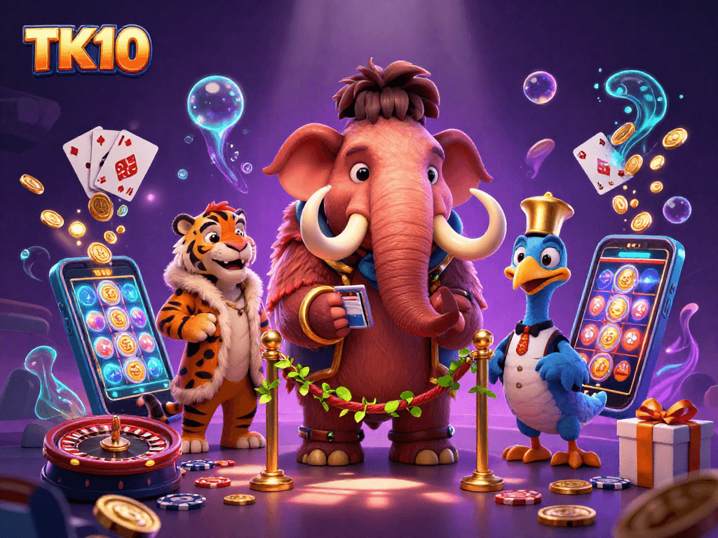 Experience thrilling betting with TK10's diverse games and vibrant atmosphere in a 3D digital scene.