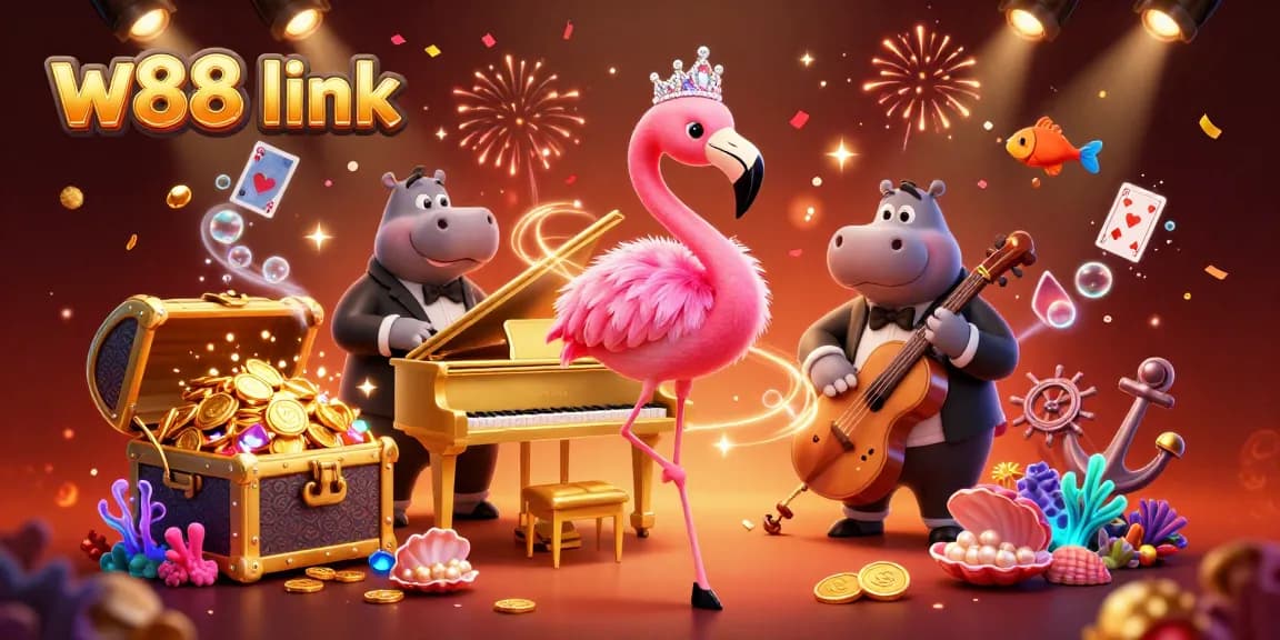 Experience thrilling plays at w88 link with an engaging 3D animated casino scene featuring vibrant characters and game elements.
