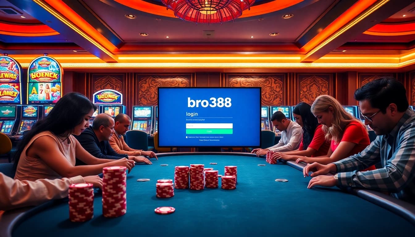 Engaging poker scene at a luxury casino with players and a 'bro138 login' interface displayed.
