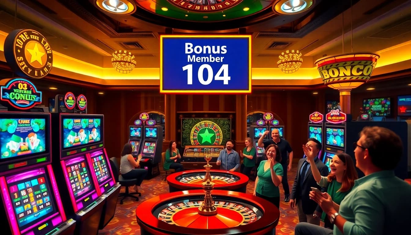 Exciting casino atmosphere showcasing Bonus New Member 104 with players celebrating wins at slot machines and poker tables.