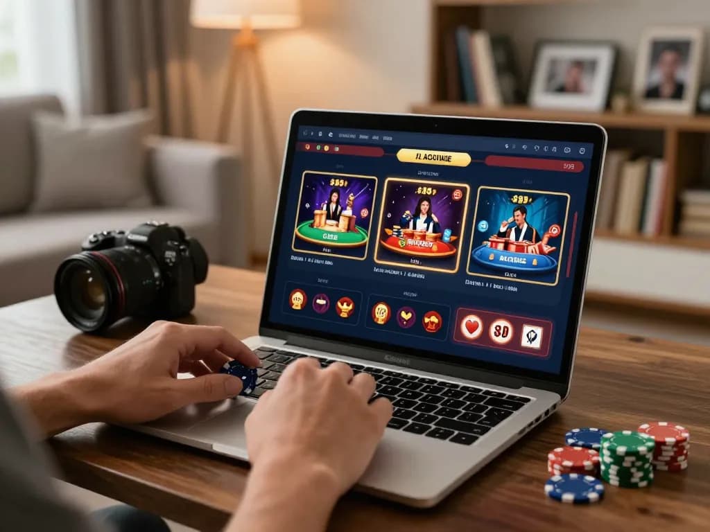 Engaging in strategic gameplay on GG88's online casino platform from a stylish home setting