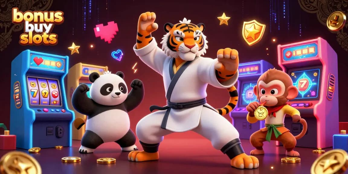 Engage in bonus buy slots action with an animated tiger master and panda disciple in a lively casino setting.