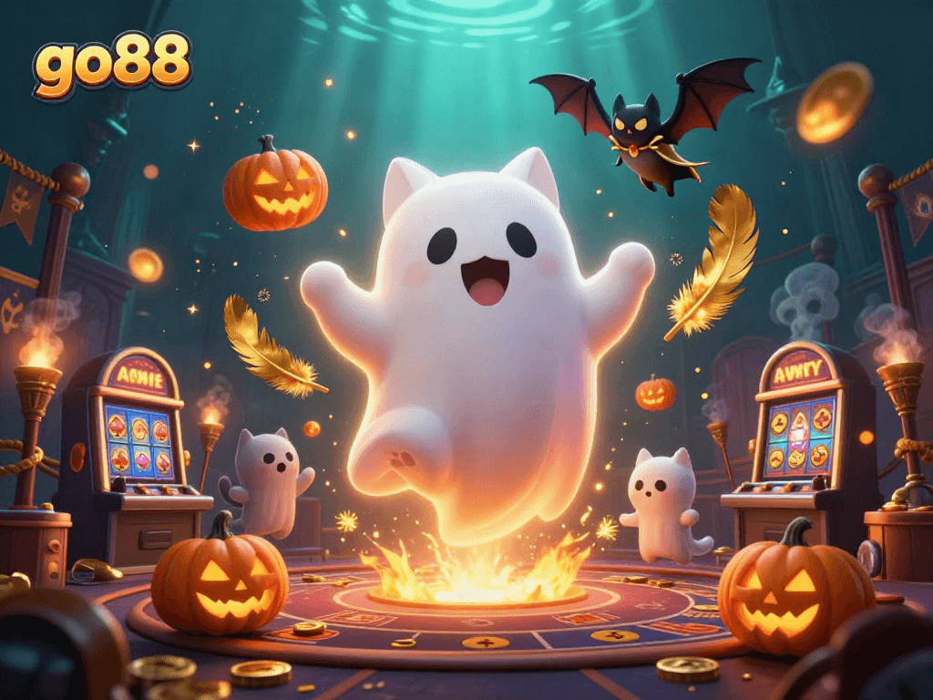 Experience go88 gaming excitement with a ghost cat and bat in a vibrant casino scene.