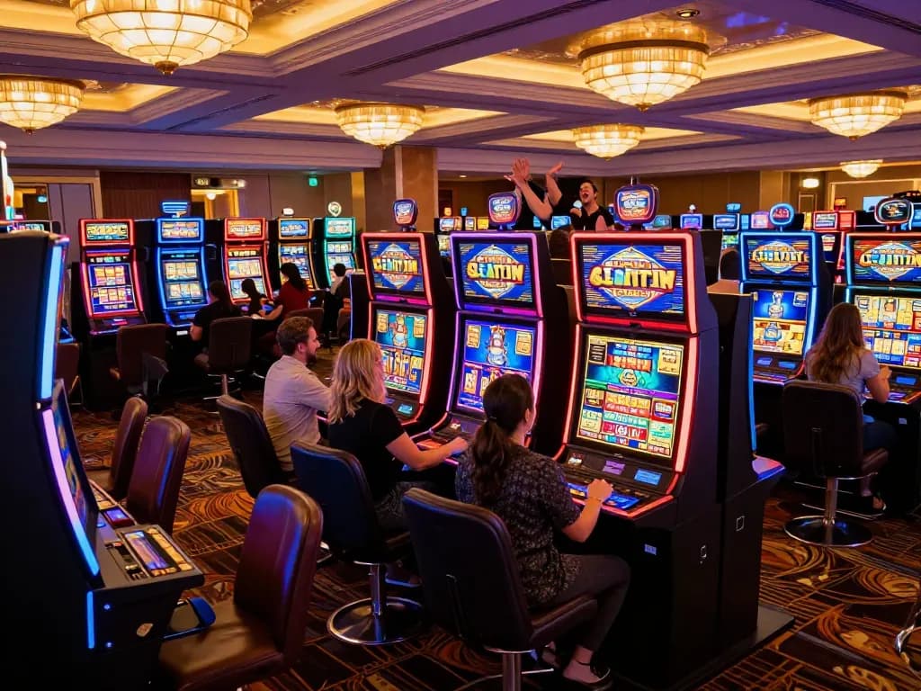 Players celebrating a win at GO8 slot machines in a vibrant casino.