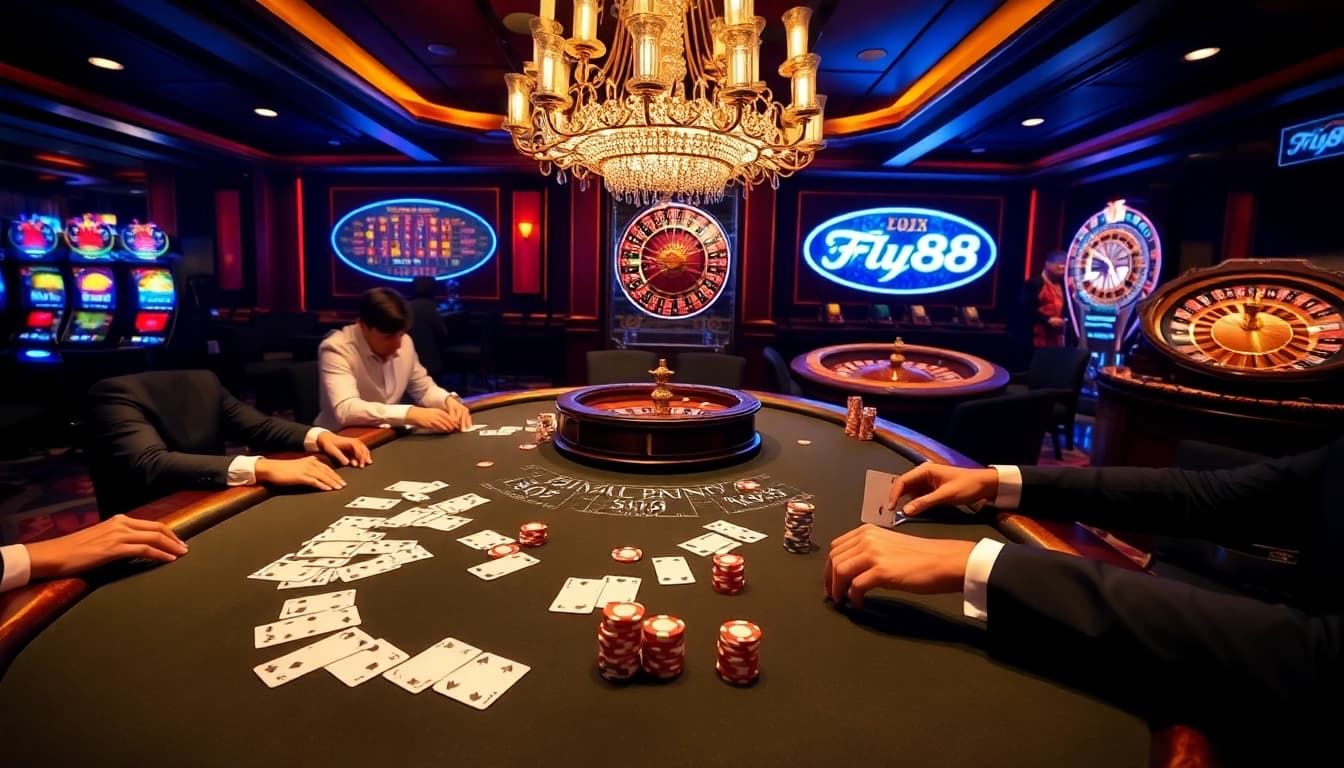 FLY88 casino scene featuring a vibrant poker table and engaging players in a luxurious environment.