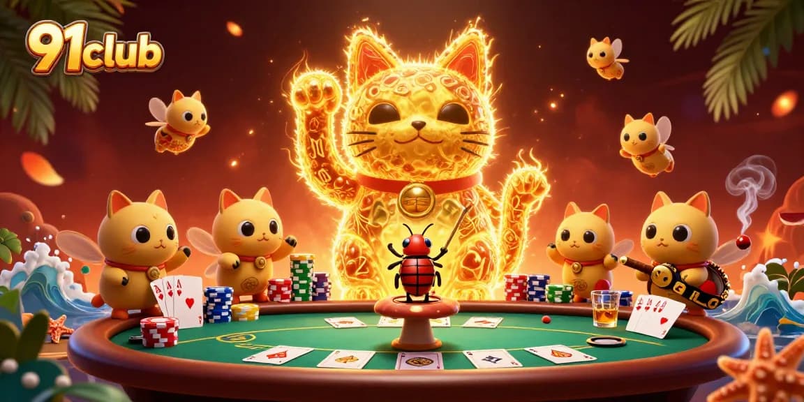 Engage with the vibrant world of 91club through a whimsical illustration of a golden lucky cat and dynamic casino elements.