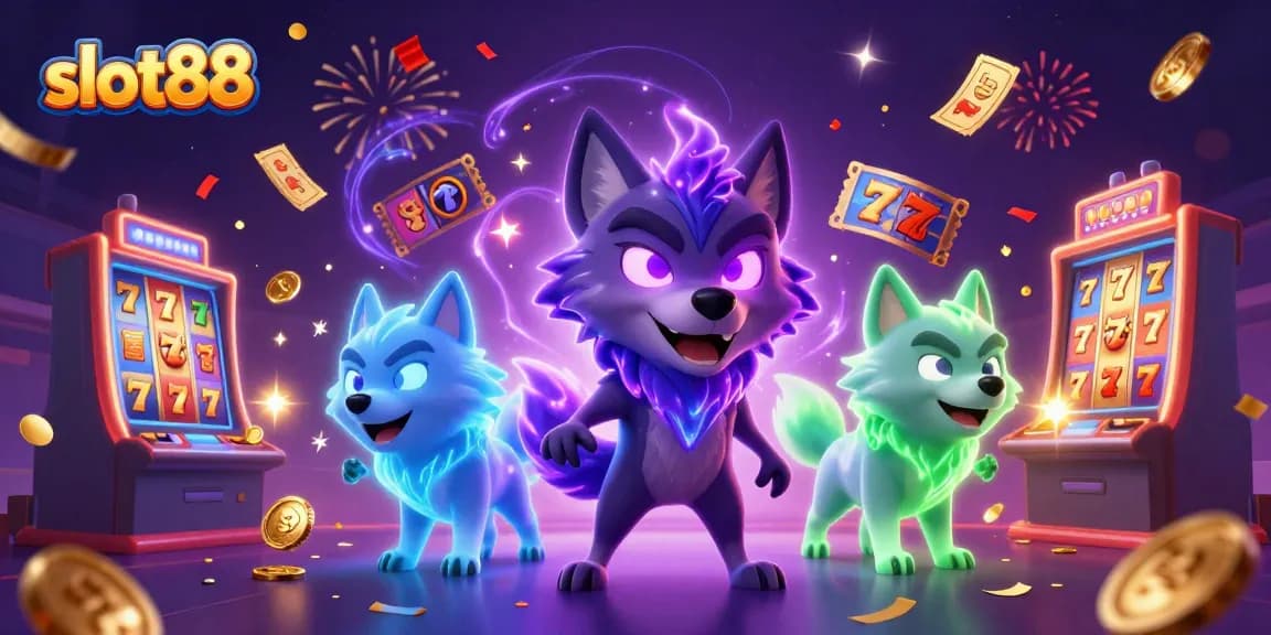 Experience the thrill of slot88 gaming with a dynamic 3D illustration of a whimsical wolf pack in action.