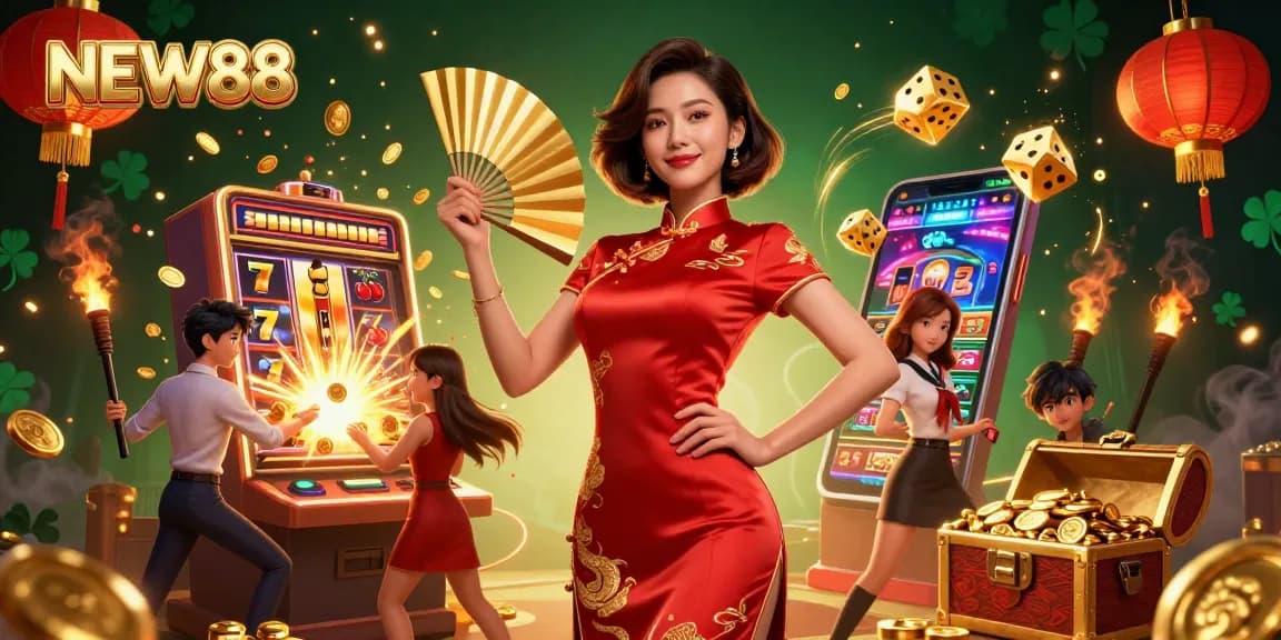 Experience the excitement of NEW88 with vibrant visuals of jackpots, games, and a confident dealer in action.