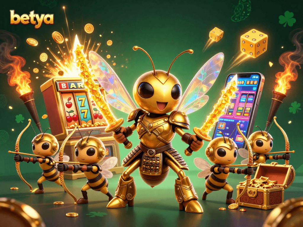Betya's enchanting gaming scene showcases a golden hornet samurai amidst a jackpot explosion.