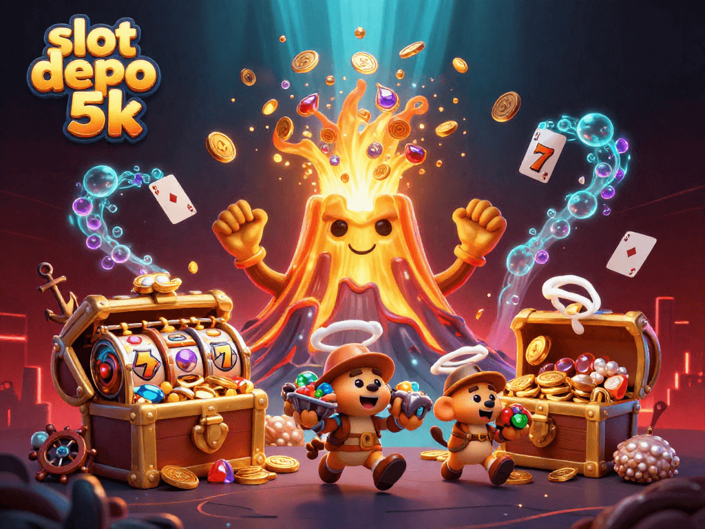 Play slot depo 5k and win treasures in this vibrant 3D casino scene with golden volcano and treasures.