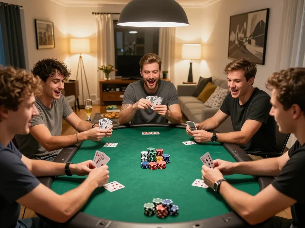Pemain Kenzototo menikmati malam poker yang meriah dengan chip dan minuman di setting yang nyaman.